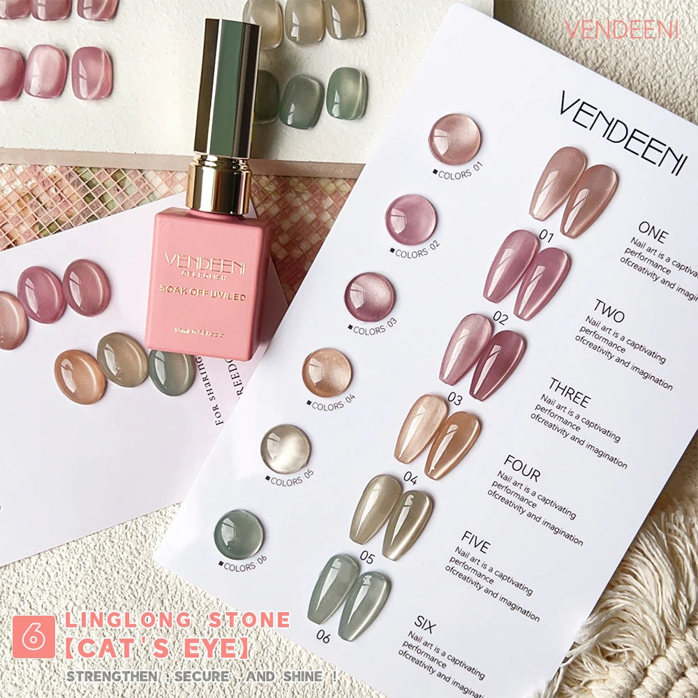 Vendeeni 6 Colors Magnetic Cat Eye Gel Nail Polish Set Pink UV LED Soak Off Gel Varnish Crystal Cat Eye Gel Lacquer With Display
