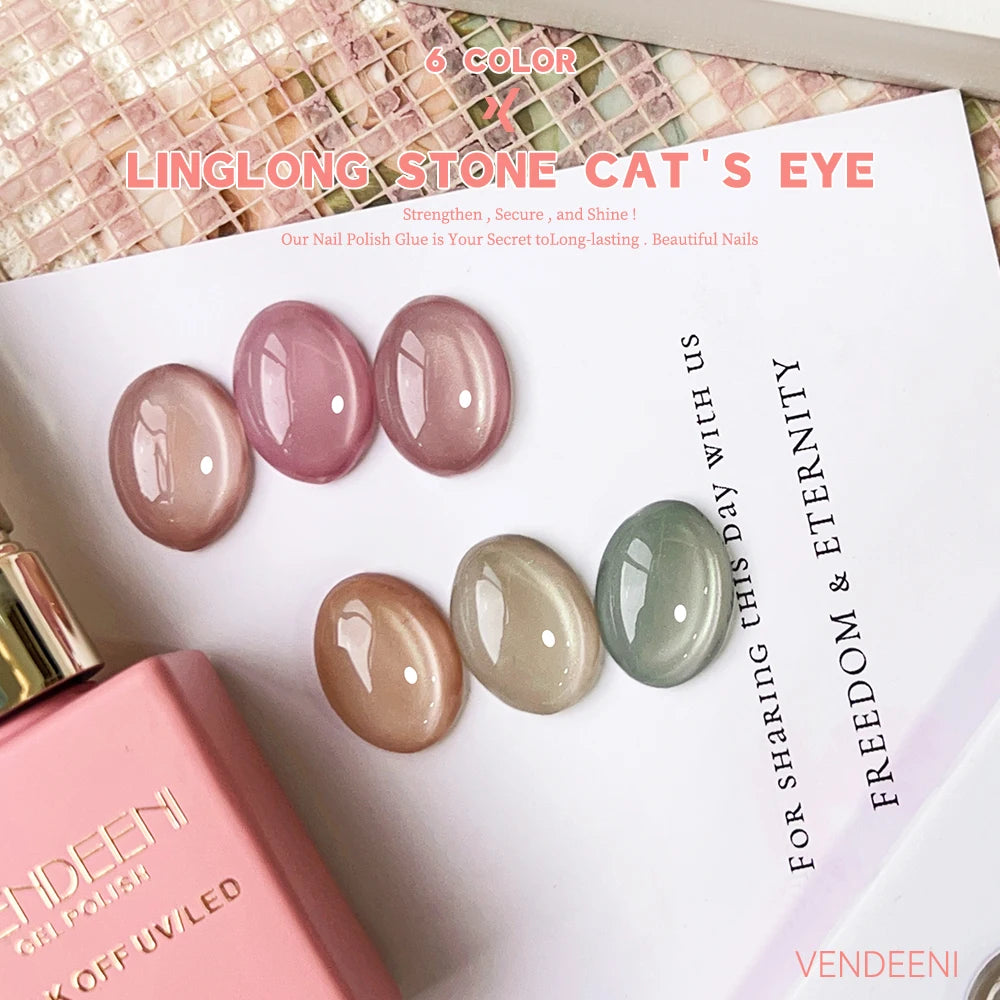 Vendeeni 6 Colors Magnetic Cat Eye Gel Nail Polish Set Pink UV LED Soak Off Gel Varnish Crystal Cat Eye Gel Lacquer With Display
