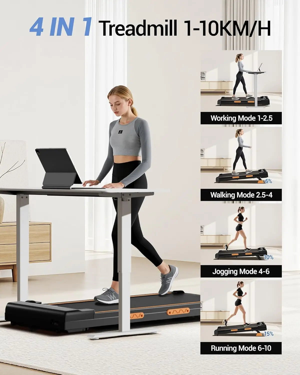 Walking Pad with Incline 10%-15%, 8-10 km/h Treadmill for Home with Incline and Low Noise Motor, Treadmill Desk Max. Support 136